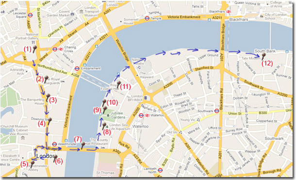 Mapa ruta 2 a pie por londres de trafalgar a Tate Gallery