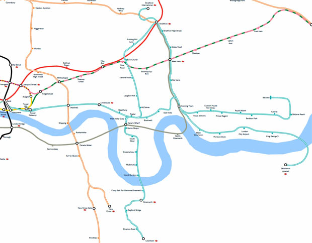 Mapa de rutas de Docklands Railway